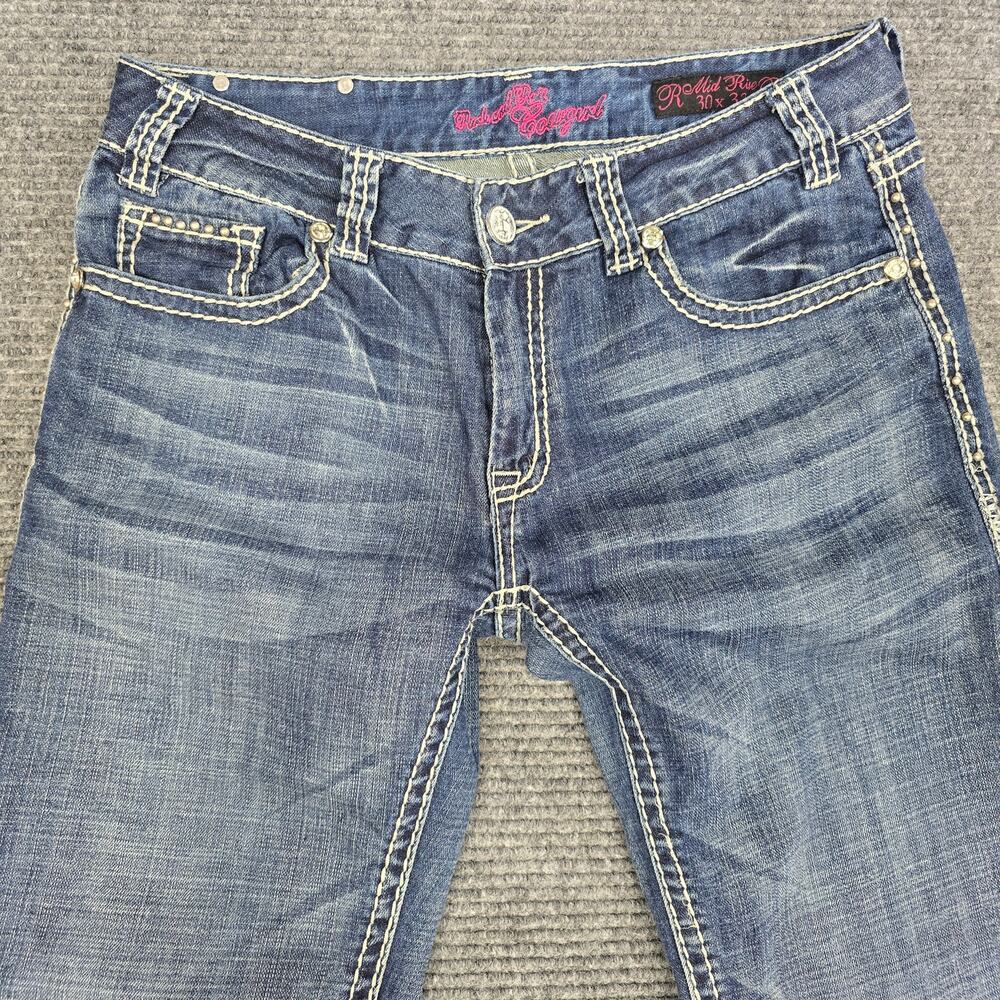 Rock & Roll Cowgirl Mid Rise Bootcut Jeans Womens 30x32 Embellished Studded - Picture 4 of 8